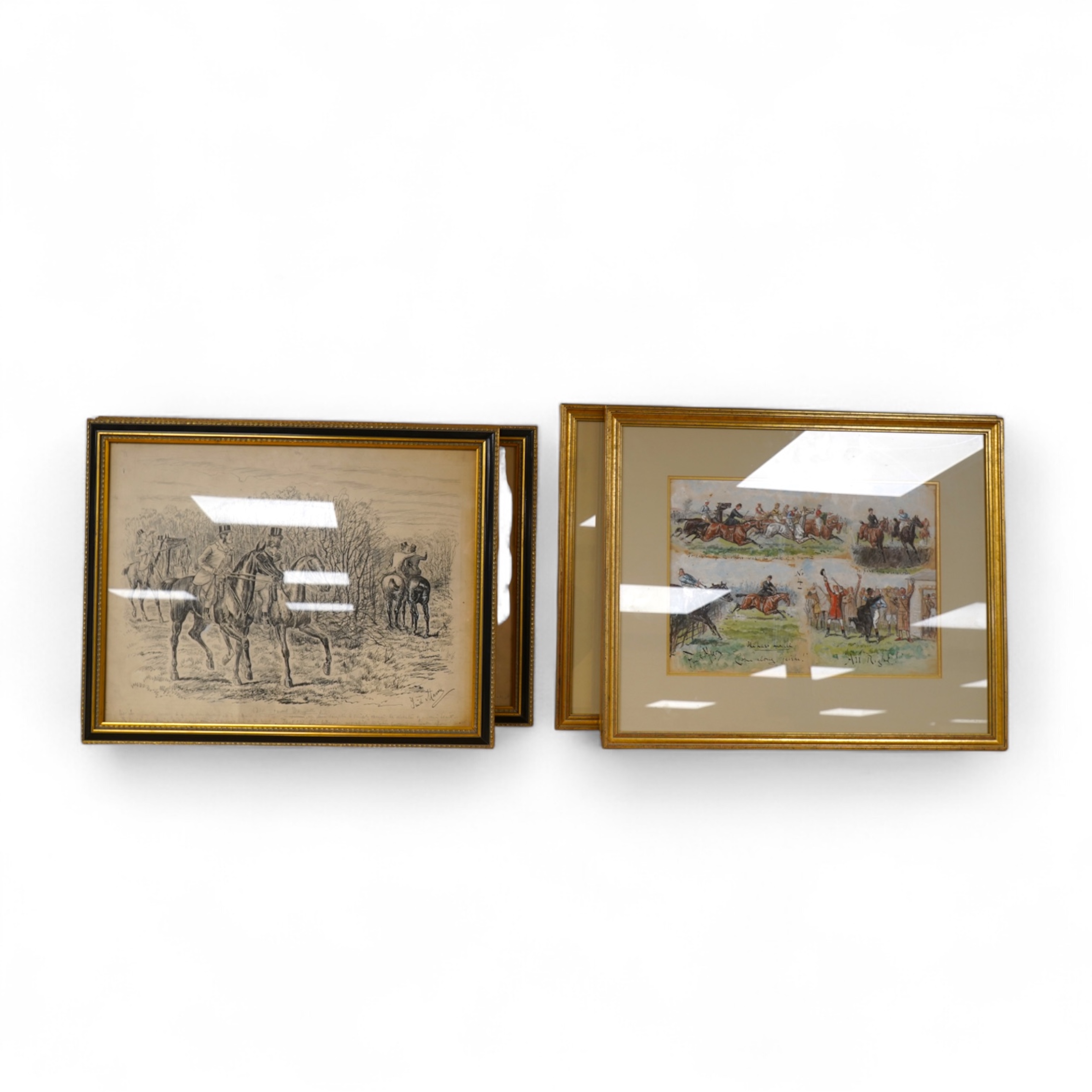 George Finch Mason (1850-1915), Hunting scenes, each signed and inscribed, set of four ink sketches heightened with white, 34 x 44cm together with George Finch Mason (1850-1915), ‘Alas! At the Second Fence the Geisha Ref